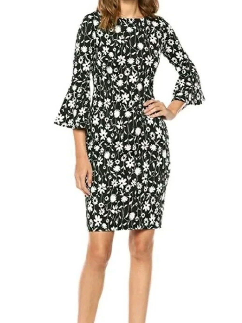 Calvin Klein Stretch Floral Bell-Sleeve Sheath  Dress Black White Sz 6